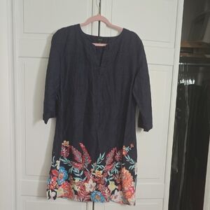 Talbots 100% Linen Navy Dress with Floral Details